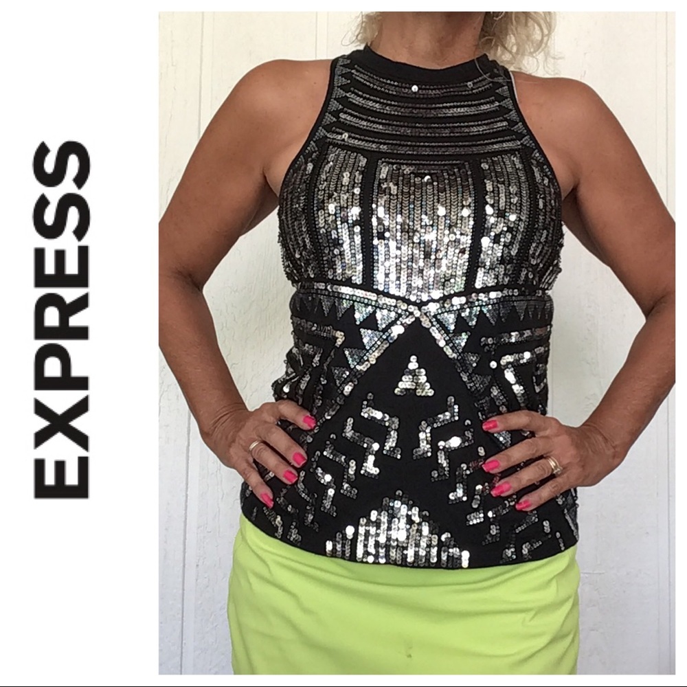 EXPRESS BLACK SEQUIN FRONT HALTER NECK TANK TOP… - Picture 1 of 12